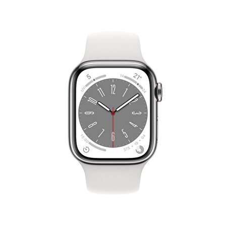 Apple Watch Series 8 GPS + Cellular 41 mm Gümüş Rengi Paslanmaz Çelik Kasa ve Beyaz Spor Kordon - Normal Boy - MNJ53TU/A
